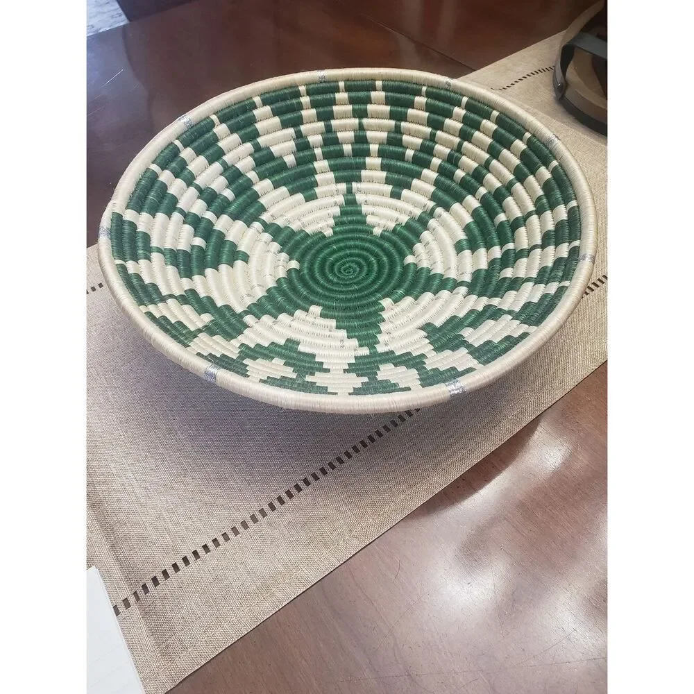 AFRICAN WALL BASKET Hand Woven Rwanda Bowl Green Cream